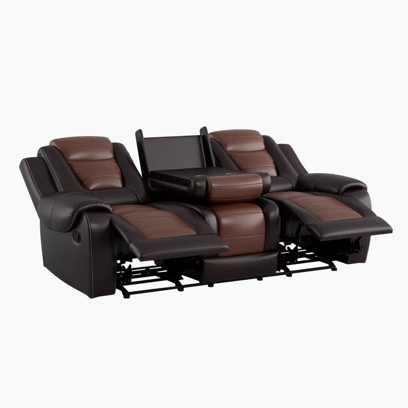 Canapé inclinable manuel en faux cuir 85,5 po Chantasia avec porte-gobelets rabattables au centre, Similicuir brun
