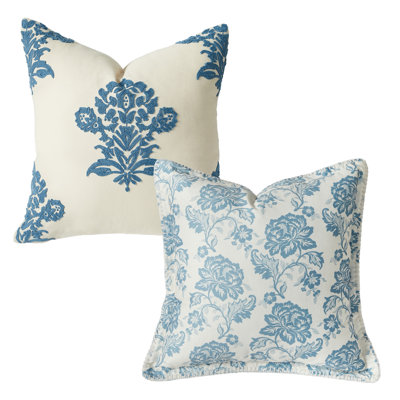 Set of 2 Lanyin Printed & Embroidered Twig Pillow Covers 18x18 Blue White Nordic Cottagecore Decorative Cushion Cases No Insert