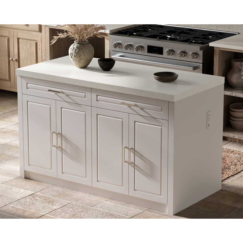 Modern 61"W Kitchen Island With Adjustable Shelves, White/White