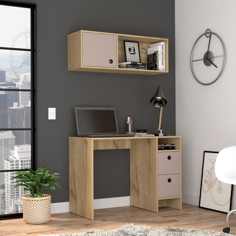 Light Oak And Taupe 2-Shelf 3-Drawer 2-Piece Office Set