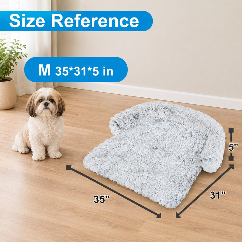 Washable calming dog couch cover/protector with a removable fluffy plush sofa bed marked (M), plus a waterproof sofa-protector pet-bed mat reference marked (L).