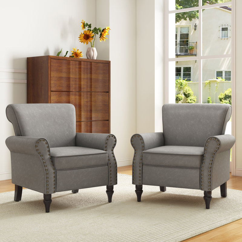 Enoks Traditional Upholstered Gray Faux Leather Armchair with Nailhead Trim, Gray Faux Leather