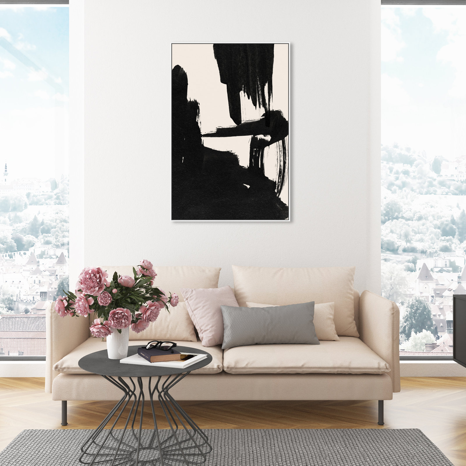 Abstract Black and White Brush Stroke Print, 46" H x 31" W, White