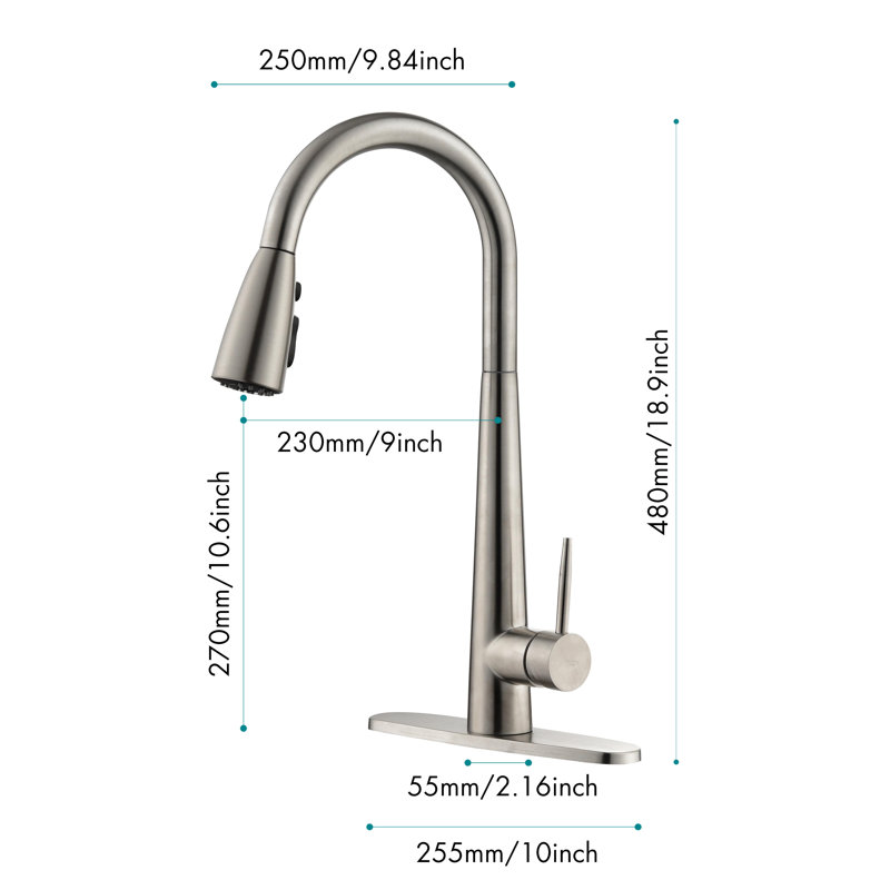 Topcraft Single Handle Single Hole Pull Down Kitchen Sink Faucet with Deck Plate, Brushed Nickel