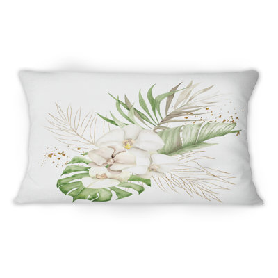 Bouquet tropical avec fleurs et feuilles dorées I - Coussin décoratif imprimé tropical 12 po x 20 po
