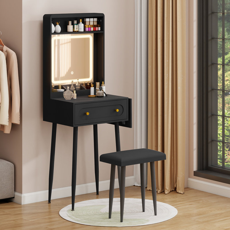 Small Vanity Desk Set With 3 Adjustable Lighted Mirror And Storage Chair Mini Black Makeup Vanities Set For Bedroom Compact Make Up Dressing Table With Fold-Up Panel For Tiny Space