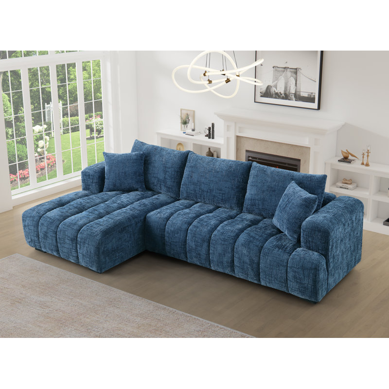 Modern Tufted Sectional Right-chaise Sofa , Orienté à gauche (vu de face), Chenille bleu, H 34,2 po x l 109,4 po x P 62,5 po