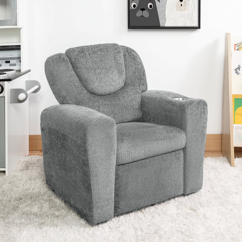 Roomy Kids' Recliner Chair with Cup Holder, Toddler Recliner With Push-Back Design, and Adjustable Footrest, Gray Chenille