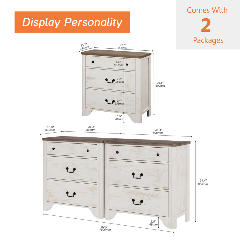 Ensemble de 2 tables de bout avec 3 tiroirs Haikey, Blanc, Blanc