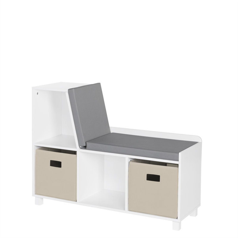 RiverRidge Kids Reading Book Nook Cushioned Toy Storage Bench with Cubby Organizers and 2 Fabric Bins- White, Taupe