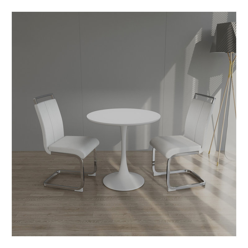 Table de salle à manger 31,5 "circulaire blanche, table de salle à manger, table de salle à manger pour 2 à 4 personnes, plateau et base en panneau de fibres à densité moyenne et 2 chaises de salle à manger en métal argenté