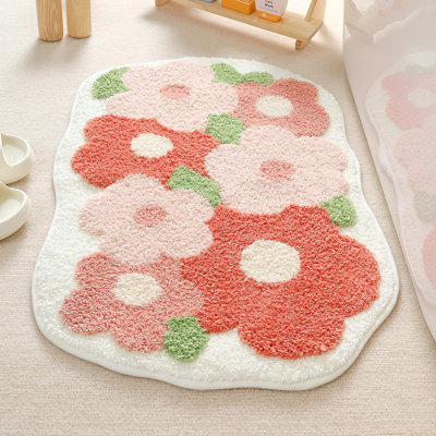 Tapis de bain floral, tapis de bain en microfibre absorbante douce, tapis de bain mignons antidérapants TPR, tapis de salle de bain à poils longs pour baignoire, douche, chambre à coucher, cuisine, absorbant l'eau, séchage en machine