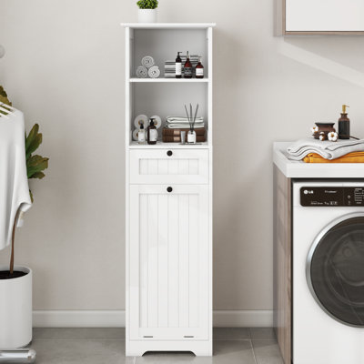 Armoire à linge compacte 16 po avec tiroir et tablettes, panier à linge inclinable en bois, blanc
