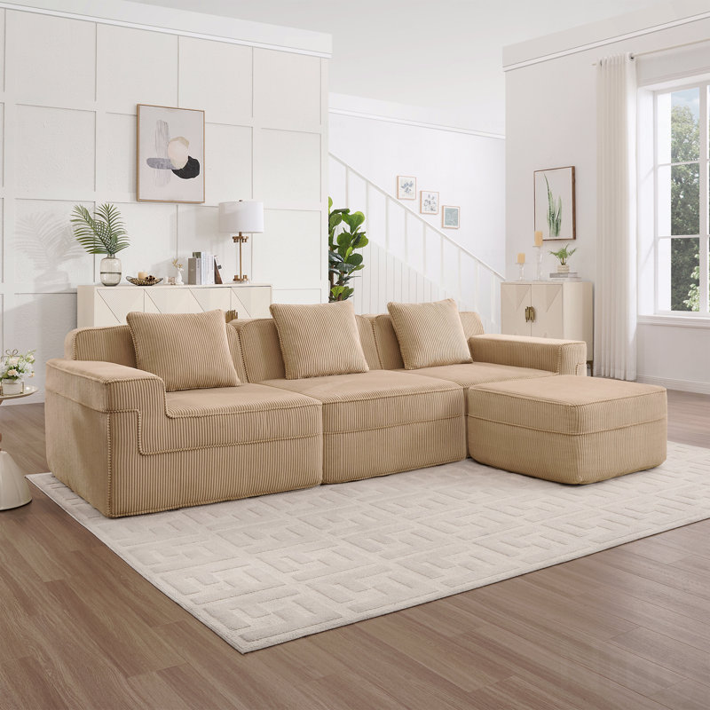 Canapé modulaire modulaire à 3 places sans os, canapé modulaire Cloud avec assise profonde, canapé modulaire moderne à 3 places avec coussins décoratifs et repose-pieds mobile, tissu en velours côtelé