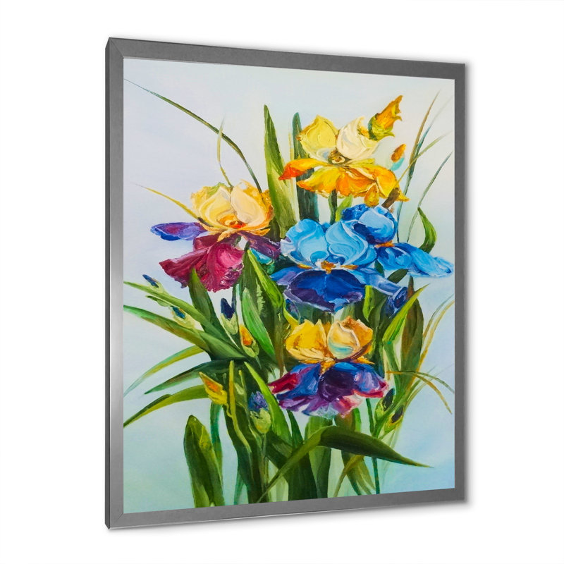 Bouquet d'iris bleus et mauves - peinture, H 20 po x l 12 po x P 1 po, Cadre photo argenté