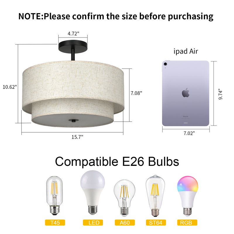 3-Light 16" Modern Flush Mount Light with Linen Fabric Shade Drum Black Fixture Ceiling Light  for Living Room Bedroom Hallway