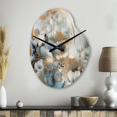 Herrada Golden Blue Silky Flower Design II - Floral Irregular Shape Metal Wall Clock, Traditional Asymmetrical Wall Clock Print