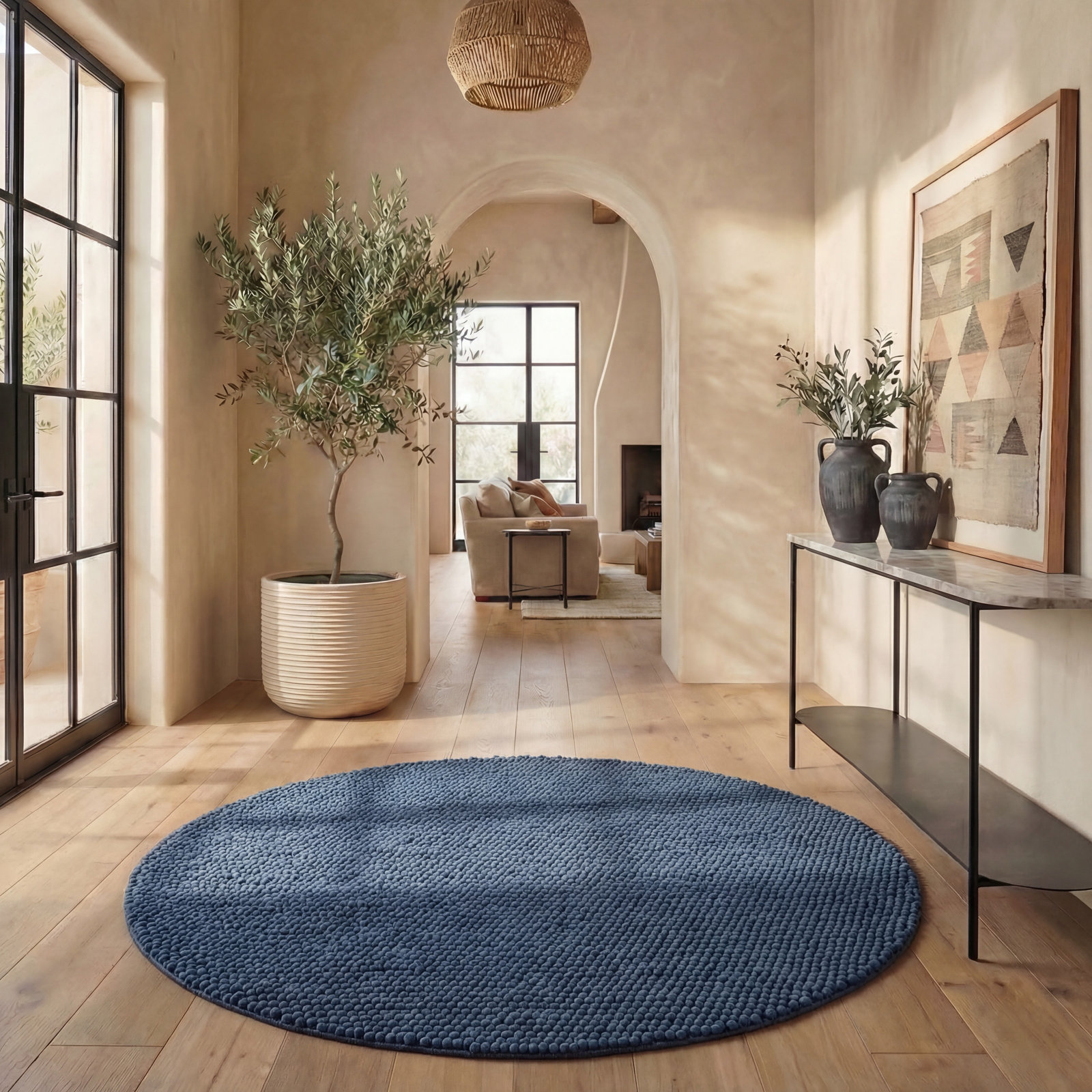 Elle Navy Blue Hand-Woven Wool Rug, Round 6'