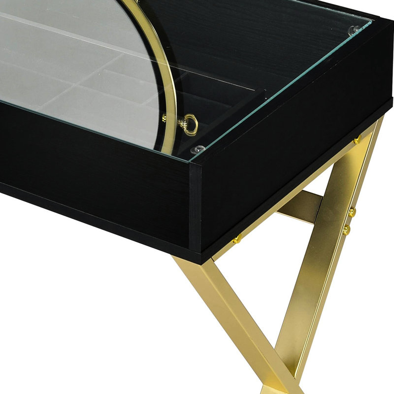 Bureau de meuble-lavabo avec cadre noir et doré, cadre en métal, miroir, plateau à bijoux et 2 tiroirs, conception rectangulaire de 42 pouces de large dans la teinte, aspect 50 paramètres élevés