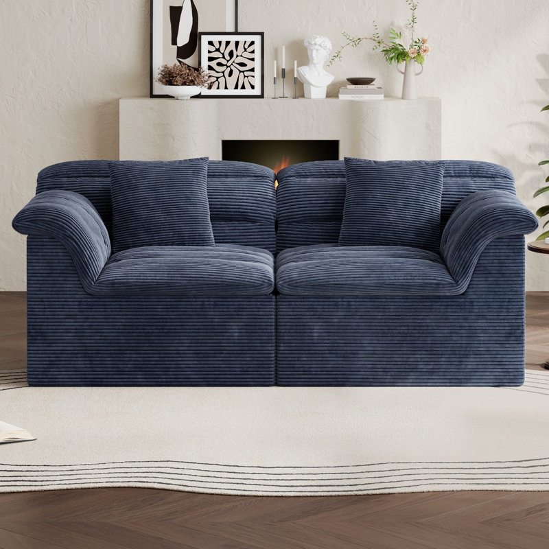 Boneless Loveseat Sofa with Deep Seat, Corduroy Boneless Couch for Living Room, Office, No-Assembly Required, Blue