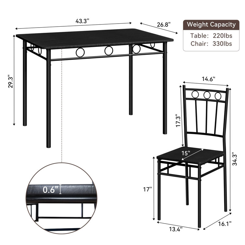  17 Stories 5-Piece Kitchen Dining Set,Modern Kitchen Table With Wooden Top For 4 Person, Black, Black