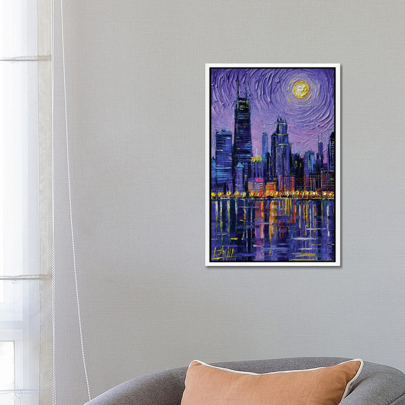 Chicago Skyline 1 Piece Painting on Canvas, 66.04cm H x 45.72cm W x 3.81cm D, White Framed