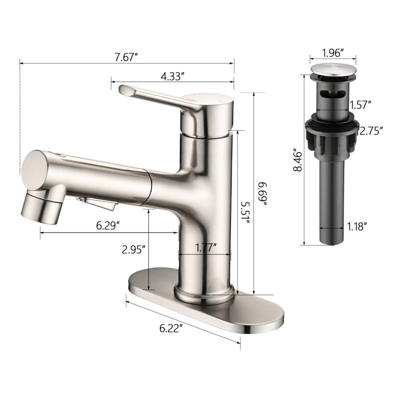 Modern Bathroom Faucet With Pull-Out Spray Head, Single Handle, Brushed Nickel, Pop-Up Drain Stopper And Deck Plate Pull Out Sink Tap, Look &