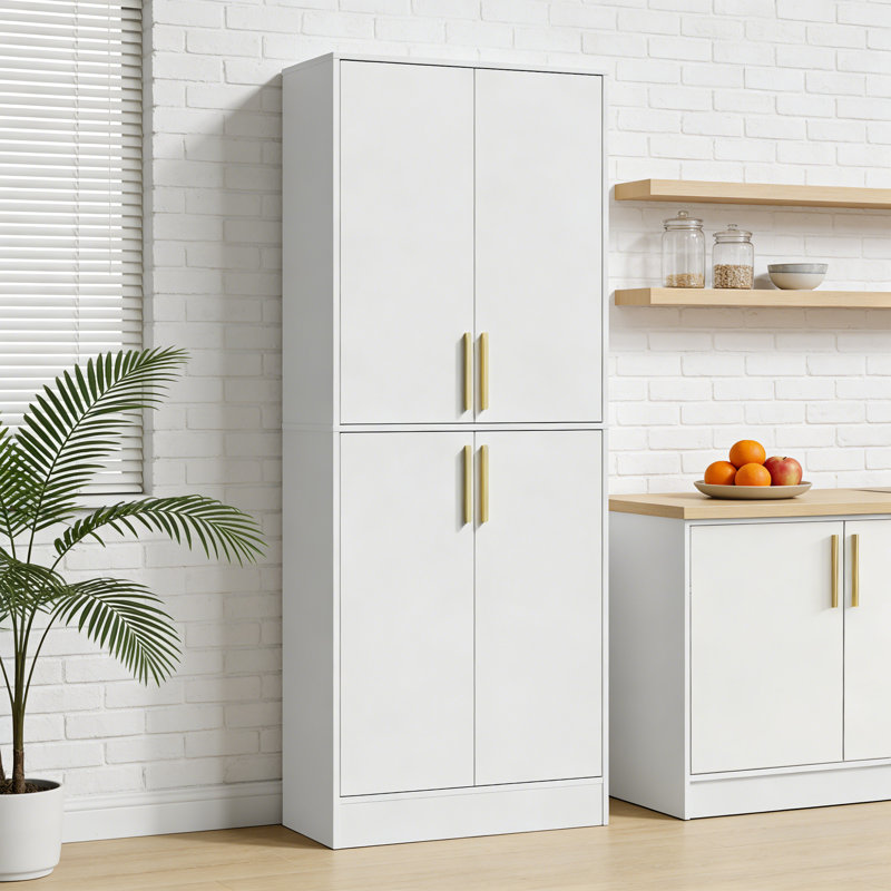 Armoire de 71 po de hauteur avec 4 portes, armoire de rangement pour garde-manger, armoire de garde-manger autoportante, huche de cuisine avec poignées dorées pour salle à manger, salle de bain, blanc
