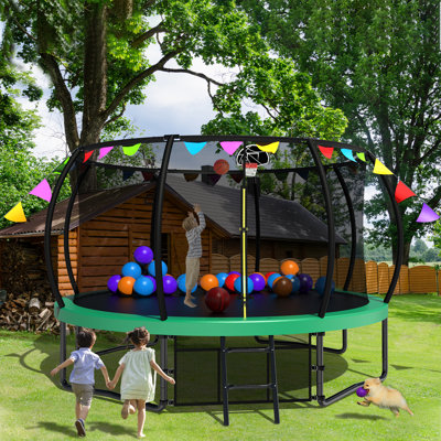 Trampoline récréatif pour enfants 12 pi avec filet de sécurité, échelle et pièces de drapeau, trampolines récréatifs d'extérieur