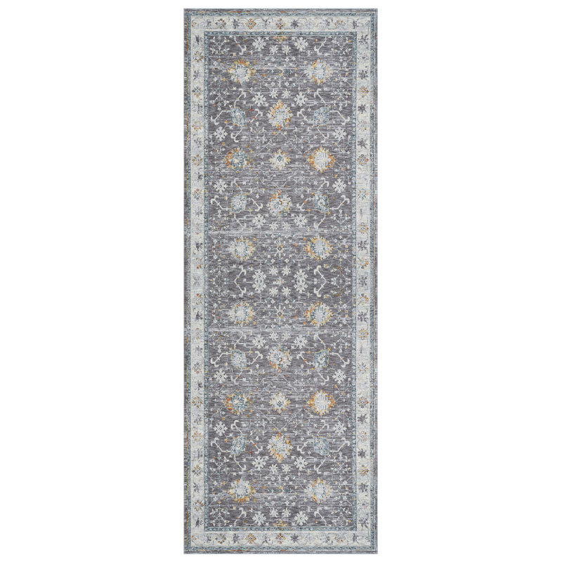 Roseau Performance Modern Country / Farmhouse Floral Gray/Blue Rug, Runner 2'6" x 8'