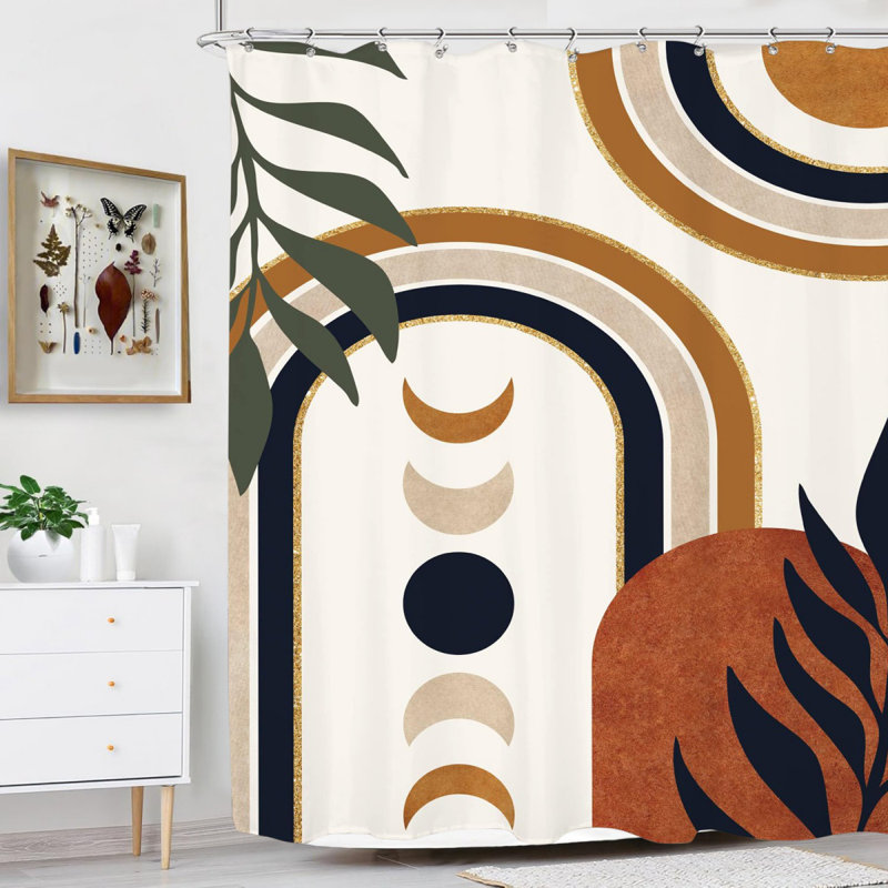 Rideau de douche Boho Mid Century Abstract Retro Palm Leaf Plant Sun Arch Minimalist, Blanc / orange / vert
