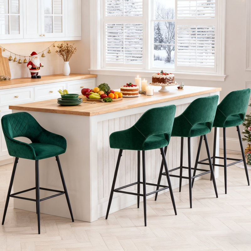 Sunni 67cm Velvet Upholstered Arm Bar Stool with Footrest, Green