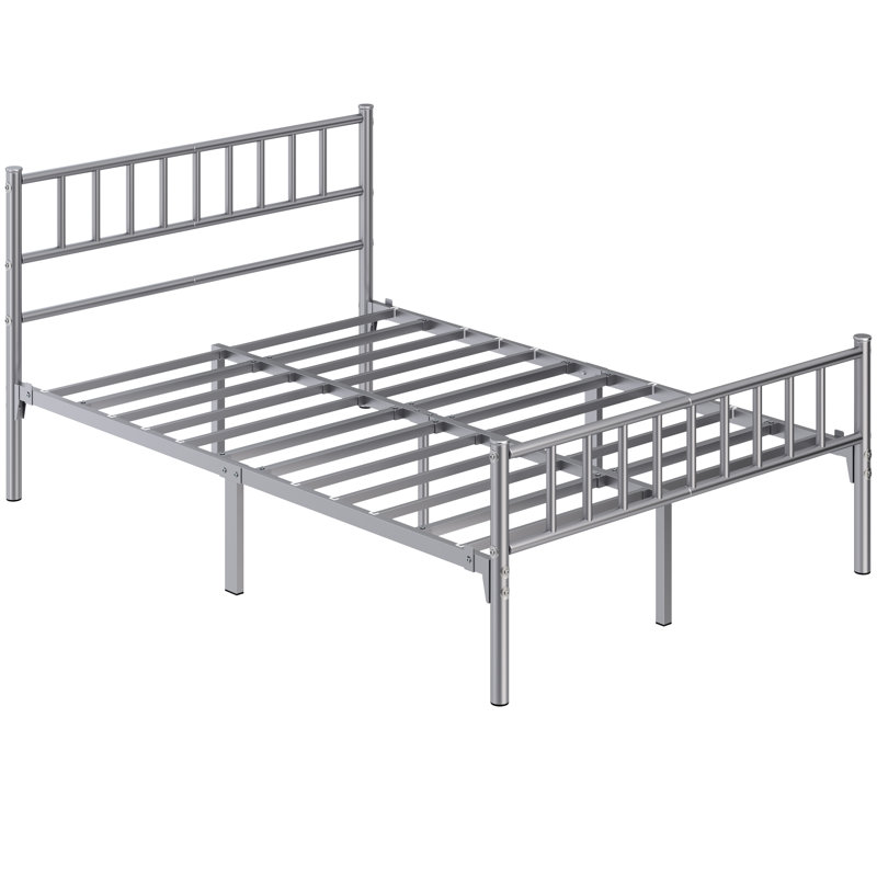 Minimalist Metal Bed Frame with Slatted Headboard, Double (4'6), Silver