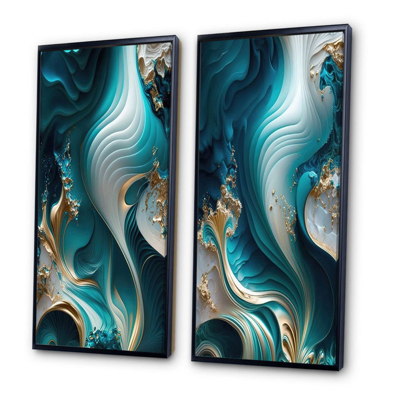 Géode abstraite turquoise II - ensemble d'art mural abstrait en marbre 2 pièces, Cadre noir, H 24 po x l 20 po