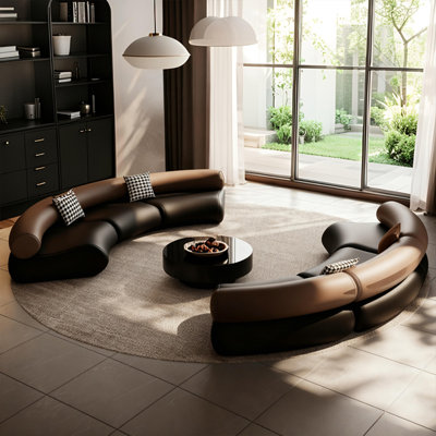 102.36" Modern Minimalist Black & Coffee Color-Blocked Curved Sofa, Luxury Style Set with Throw Pillows