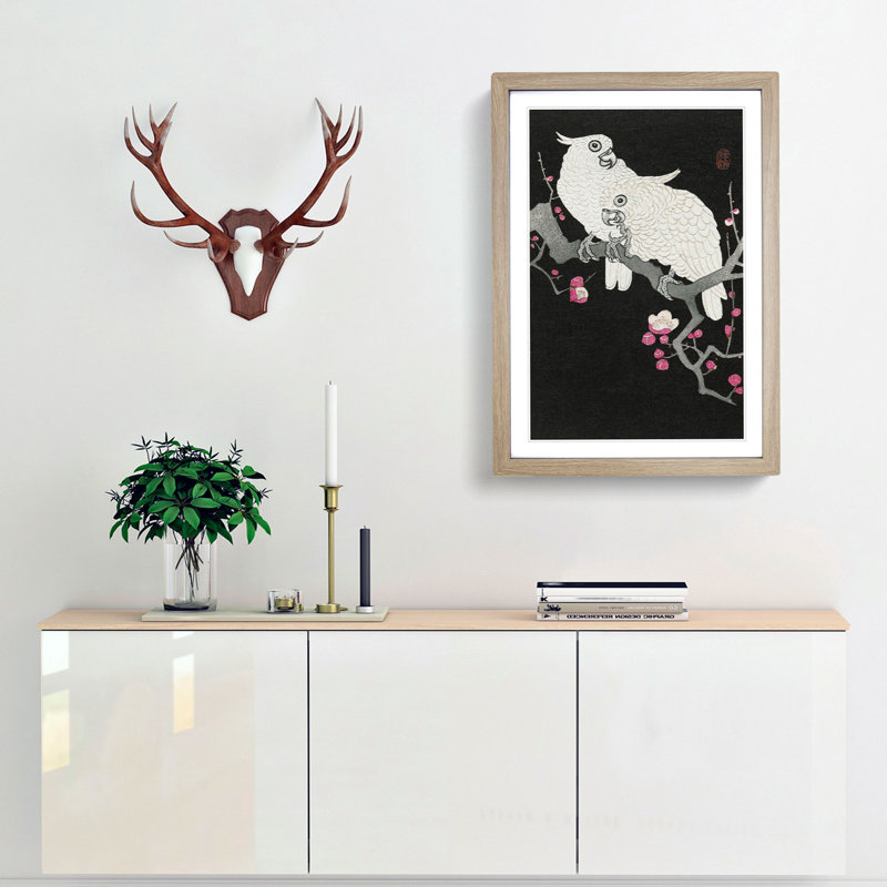Plum Blossom Tree with Two Cockatoos by Ohara Koson - Picture Frame Painting Print on MDF, Oak, 50cm H x 35cm W x 2cm D