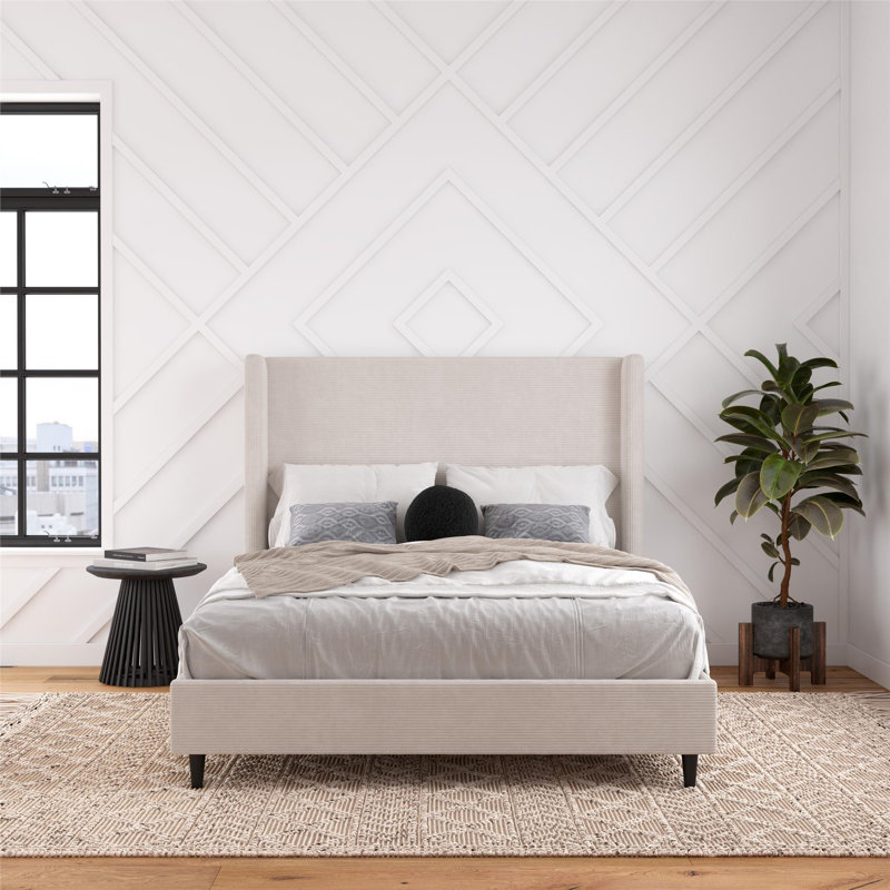 Ifigeneia Upholstered Wingback Bed, Ivory Corduroy, Queen