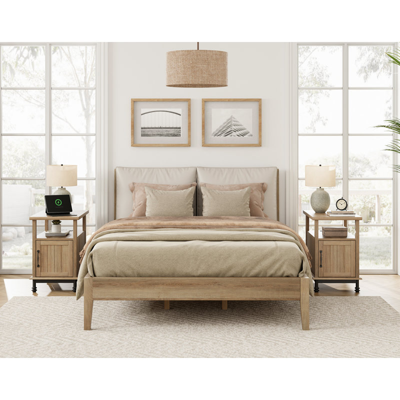 Modern End Tables With Charging Station, Set of 2, Oak/Oak