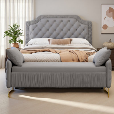 2 Pieces Bedroom Sets Ruched And Button Tufted Velvet Upholstered Bed Frame With Storage Ottoman Bench