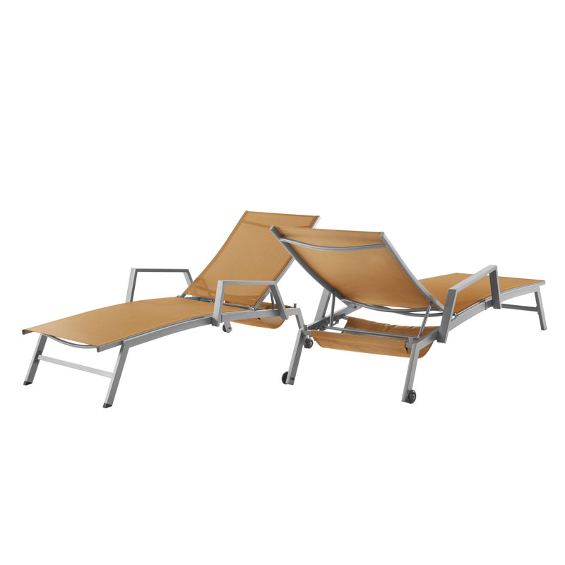 Dupree 77.5" Long Metal  Reclining Single Chaise Lounge with PVC-coated polyester Sling Seat and Armrests & Wheels, Gray