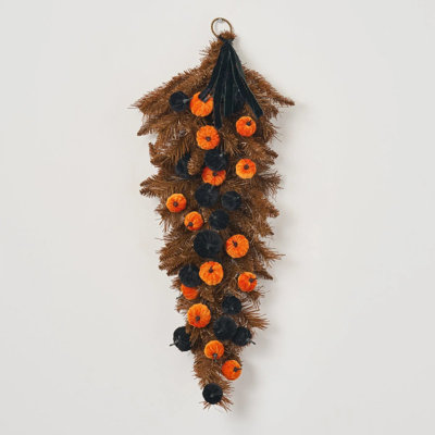 Fall-O-Ween - Mini guirlande de pin en velours orange et noir avec ruban
