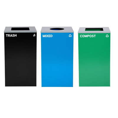 29 Gallon Steel Open Top Mixed Recycling, Compost, and Trash Can Set with Square and Circle Lid