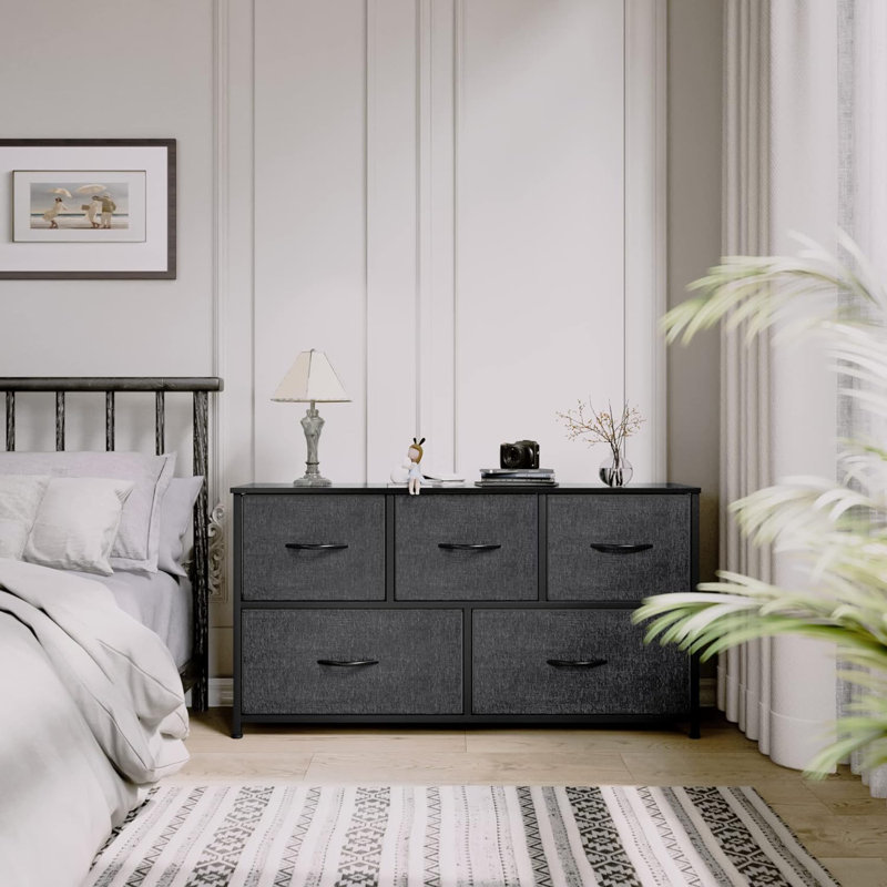 Commode de rangement avec 5 tiroirs de 2 tailles différentes, Gris foncé / Noir