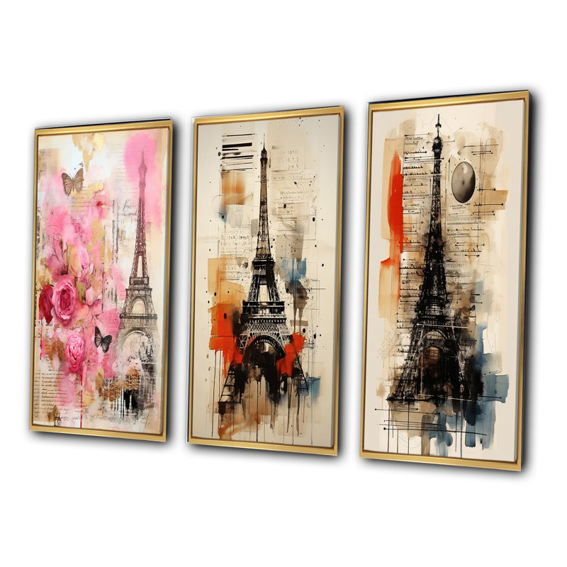 "Collage rétro du printemps rose à Paris" - 3 pièces, H 32 po x l 48 po, Cadre flottant doré