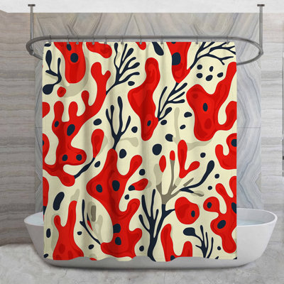 Rideau de douche rouge corail - Décoration de salle de bain marine tropicale
