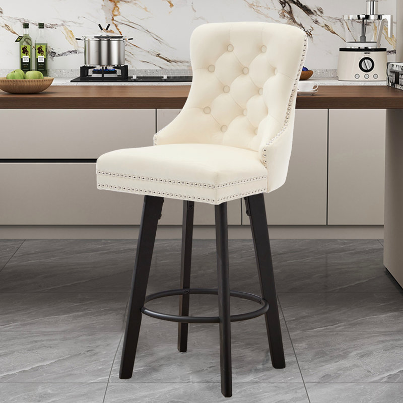 Tabourets de bar rotatifs modernes Tabourets de bar en velours Tabourets de bar touffetés à boutons Rivet, avec anneau de traction en métal Repose-pieds robuste Grand bar pour la maison, 1 pièce