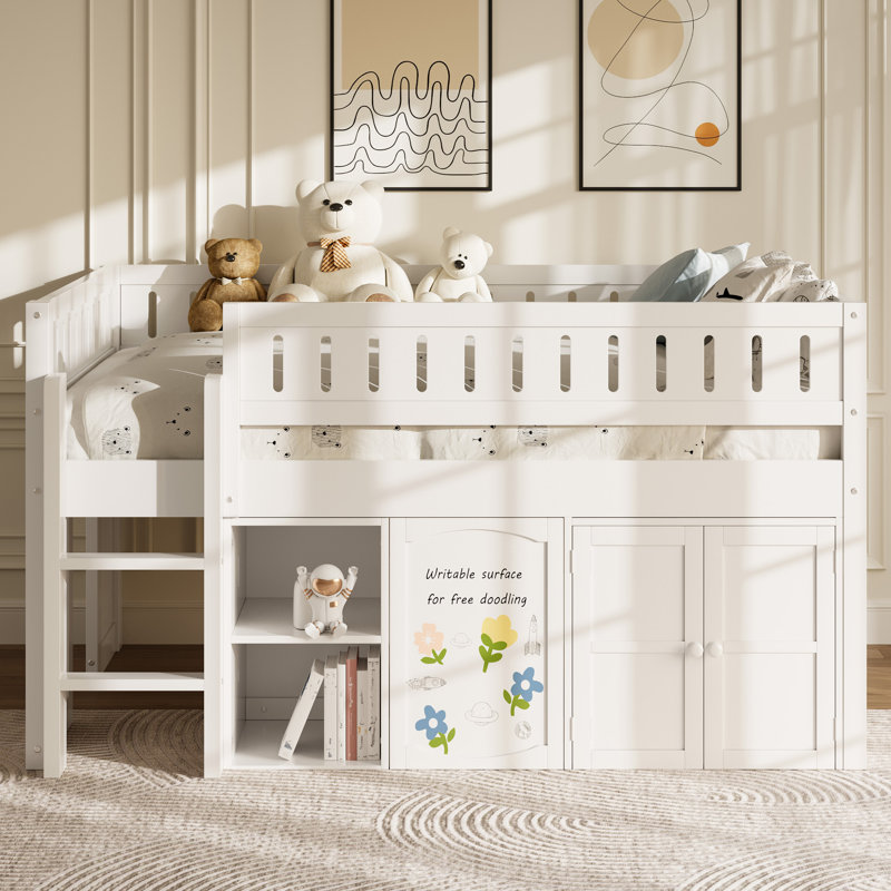 Full Size Low Loft Bed, Front Chalkboard Panel, Storage Cabinet And Shelves, Contemporary, Kids Bedroom, White
