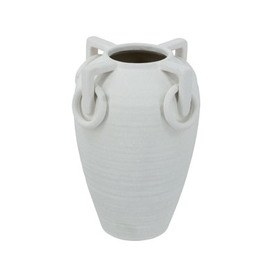 7.5X7.5X11.5" Vintage-Inspired White Ceramic Vase With Decorative Handles