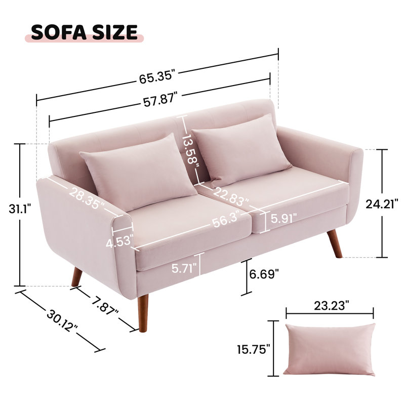 Canapé-causeuse l 65 po de style Mid-Century moderne avec causeuse pour salon, Velours rose
