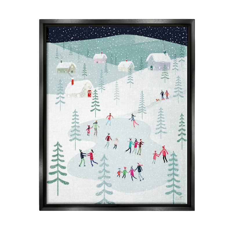 «Ice Skating Familles Snowfall» par Andrew Thornton, Cadre flottant noir de jais, H 21 po x l 17 po x P 1,7 po
